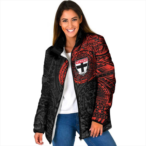 Personalized St Kilda Saints Polynesian Padded Jacket Tribal Chest and Sleeve Tattoo Heritage Warrior