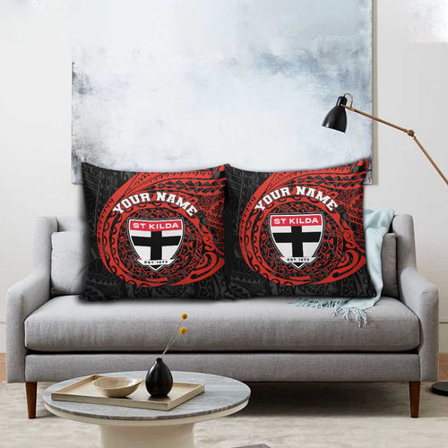 Personalized St Kilda Saints Polynesian Pillow Cover Tribal Chest and Sleeve Tattoo Heritage Warrior
