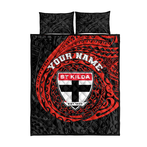 Personalized St Kilda Saints Polynesian Quilt Bed Set Tribal Chest and Sleeve Tattoo Heritage Warrior