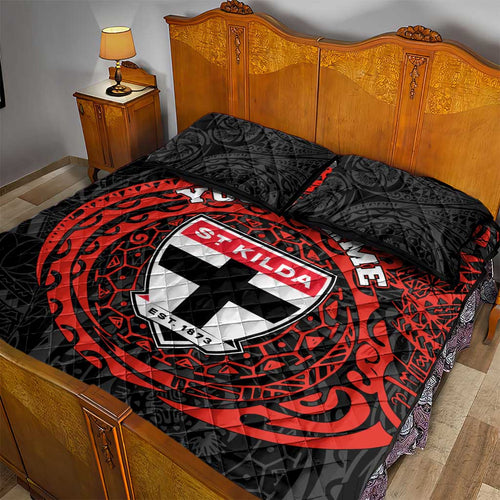 Personalized St Kilda Saints Polynesian Quilt Bed Set Tribal Chest and Sleeve Tattoo Heritage Warrior