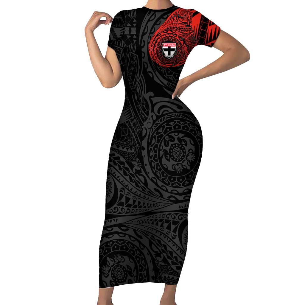 Personalized St Kilda Saints Polynesian Short Sleeve Bodycon Dress Tribal Chest and Sleeve Tattoo Heritage Warrior