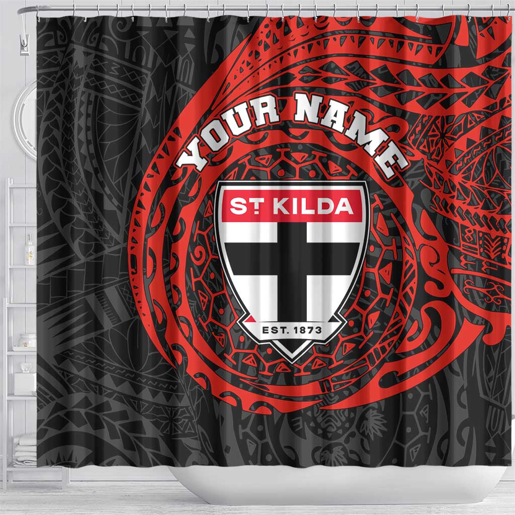 Personalized St Kilda Saints Polynesian Shower Curtain Tribal Chest and Sleeve Tattoo Heritage Warrior
