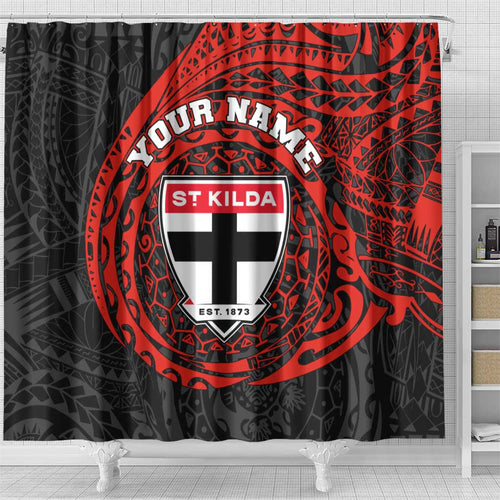 Personalized St Kilda Saints Polynesian Shower Curtain Tribal Chest and Sleeve Tattoo Heritage Warrior
