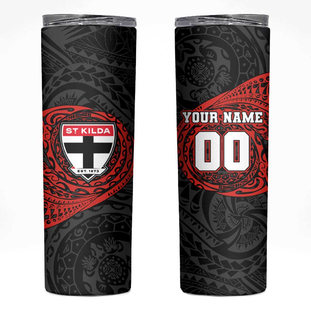 Personalized St Kilda Saints Polynesian Skinny Tumbler Tribal Chest and Sleeve Tattoo Heritage Warrior