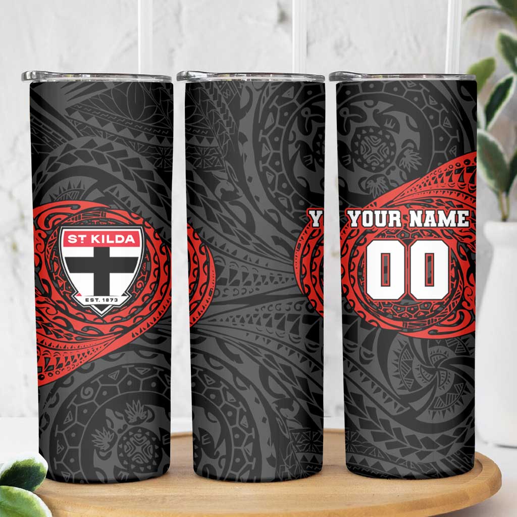Personalized St Kilda Saints Polynesian Skinny Tumbler Tribal Chest and Sleeve Tattoo Heritage Warrior