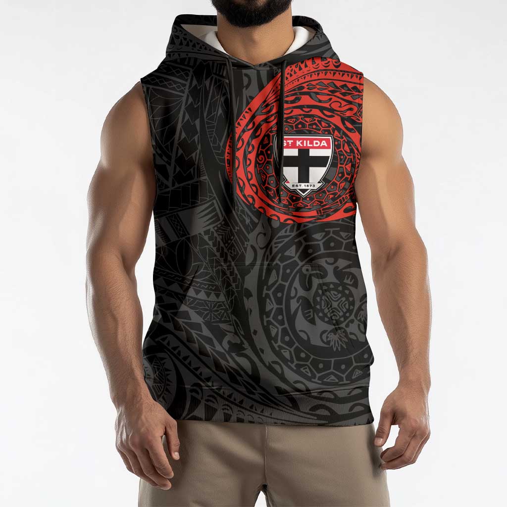 Personalized St Kilda Saints Polynesian Sleeveless Hoodie Tribal Chest and Sleeve Tattoo Heritage Warrior