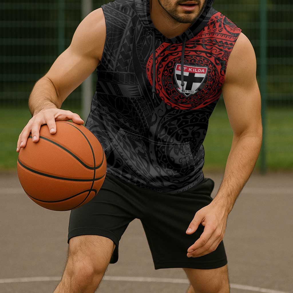 Personalized St Kilda Saints Polynesian Sleeveless Hoodie Tribal Chest and Sleeve Tattoo Heritage Warrior