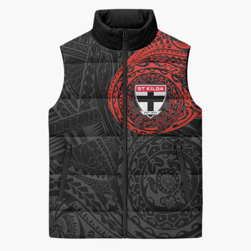 Personalized St Kilda Saints Polynesian Sleeveless Puffer Jacket Tribal Chest and Sleeve Tattoo Heritage Warrior