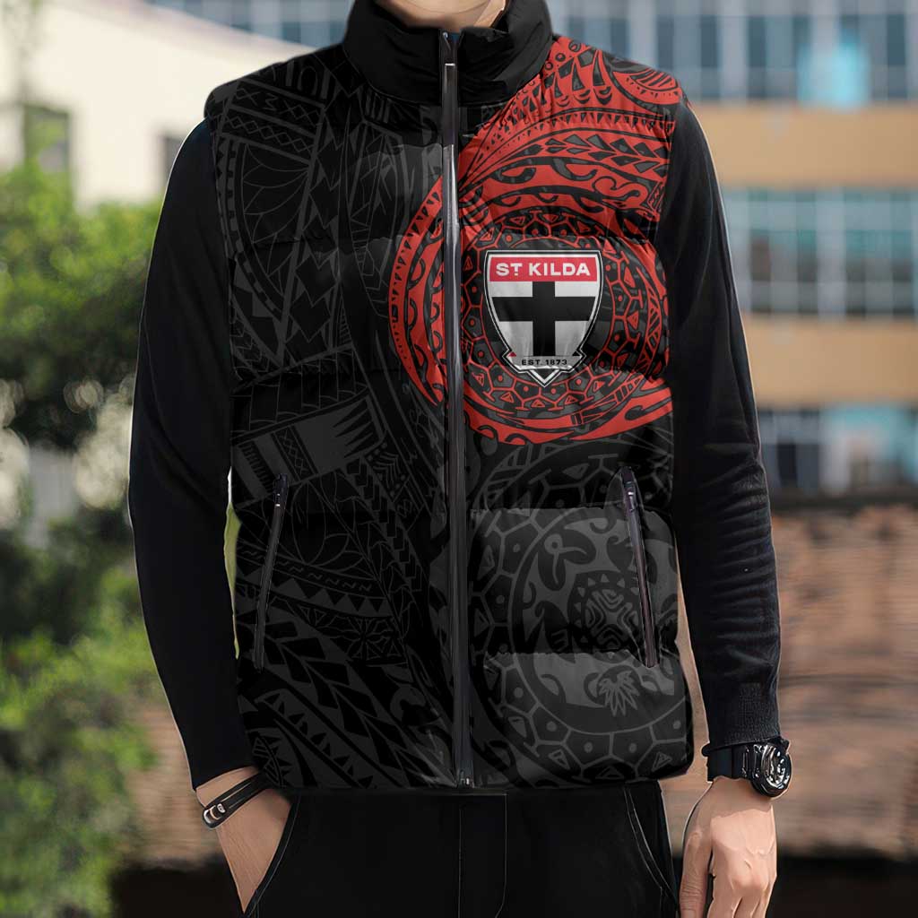 Personalized St Kilda Saints Polynesian Sleeveless Puffer Jacket Tribal Chest and Sleeve Tattoo Heritage Warrior