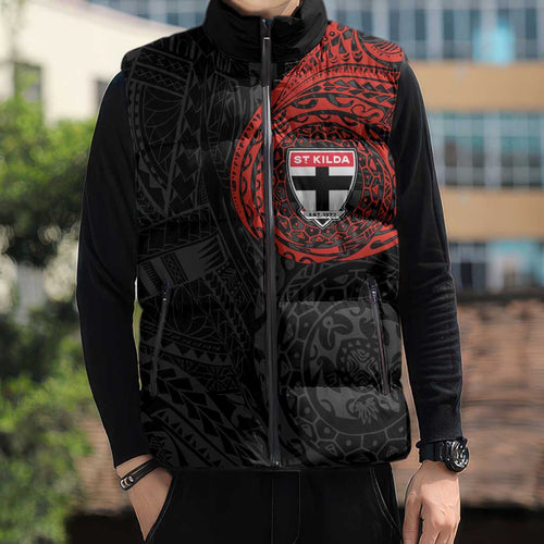 Personalized St Kilda Saints Polynesian Sleeveless Puffer Jacket Tribal Chest and Sleeve Tattoo Heritage Warrior