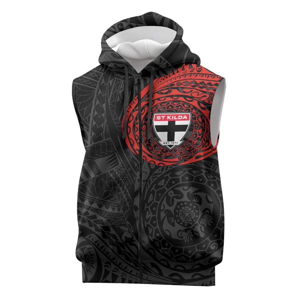 Personalized St Kilda Saints Polynesian Sleeveless Zip Hoodie Tribal Chest and Sleeve Tattoo Heritage Warrior