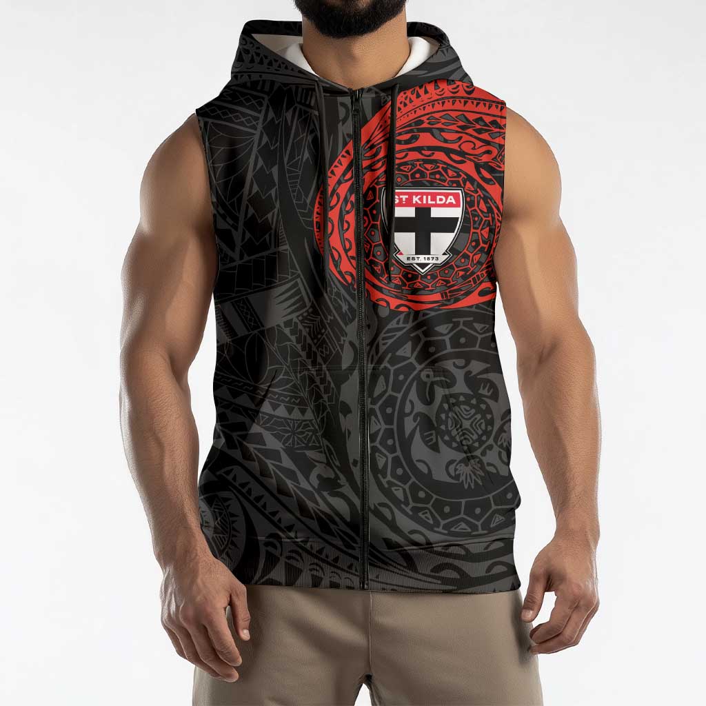 Personalized St Kilda Saints Polynesian Sleeveless Zip Hoodie Tribal Chest and Sleeve Tattoo Heritage Warrior