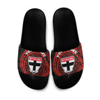 Personalized St Kilda Saints Polynesian Slide Sandals Tribal Chest and Sleeve Tattoo Heritage Warrior