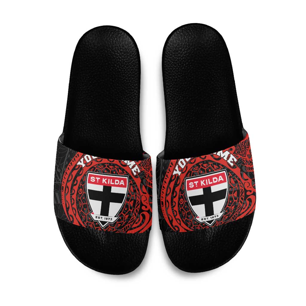 Personalized St Kilda Saints Polynesian Slide Sandals Tribal Chest and Sleeve Tattoo Heritage Warrior