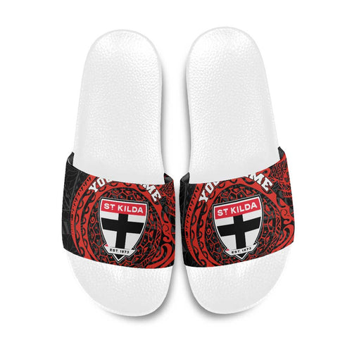 Personalized St Kilda Saints Polynesian Slide Sandals Tribal Chest and Sleeve Tattoo Heritage Warrior
