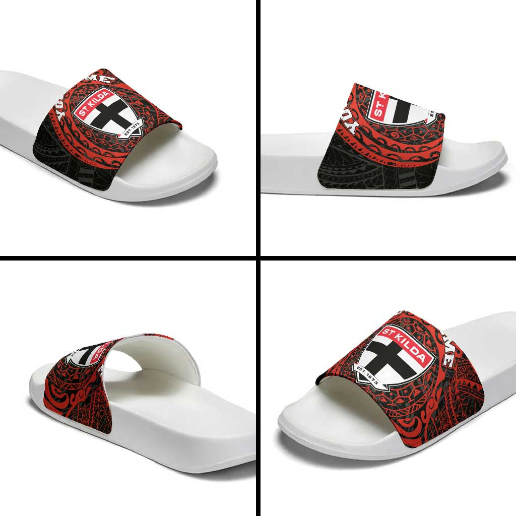 Personalized St Kilda Saints Polynesian Slide Sandals Tribal Chest and Sleeve Tattoo Heritage Warrior
