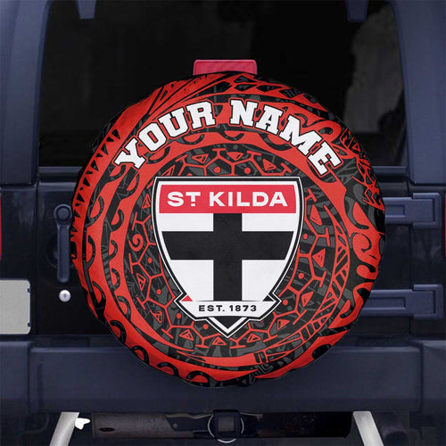 Personalized St Kilda Saints Polynesian Spare Tire Cover Tribal Chest and Sleeve Tattoo Heritage Warrior