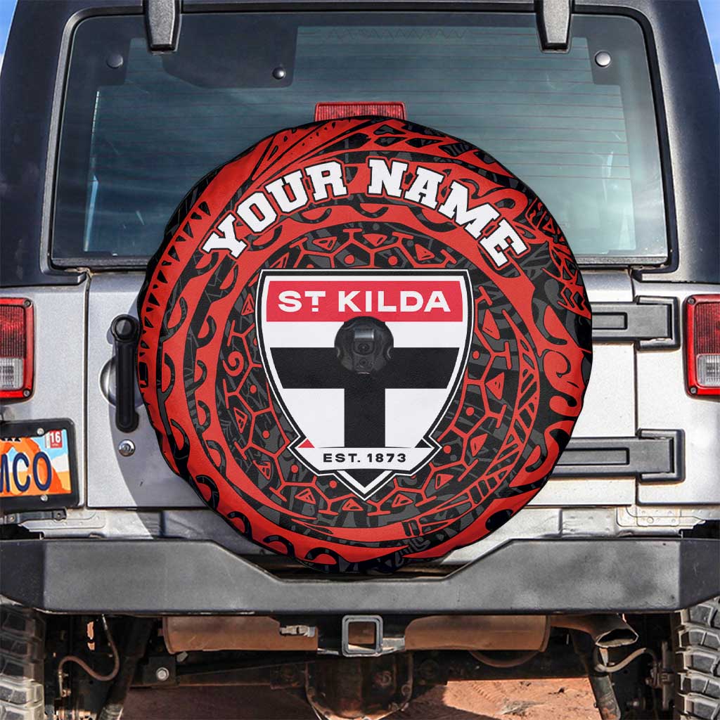 Personalized St Kilda Saints Polynesian Spare Tire Cover Tribal Chest and Sleeve Tattoo Heritage Warrior