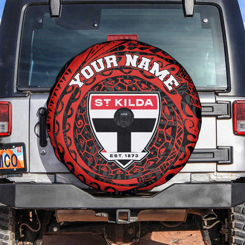 Personalized St Kilda Saints Polynesian Spare Tire Cover Tribal Chest and Sleeve Tattoo Heritage Warrior