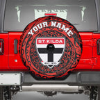 Personalized St Kilda Saints Polynesian Spare Tire Cover Tribal Chest and Sleeve Tattoo Heritage Warrior