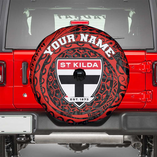 Personalized St Kilda Saints Polynesian Spare Tire Cover Tribal Chest and Sleeve Tattoo Heritage Warrior