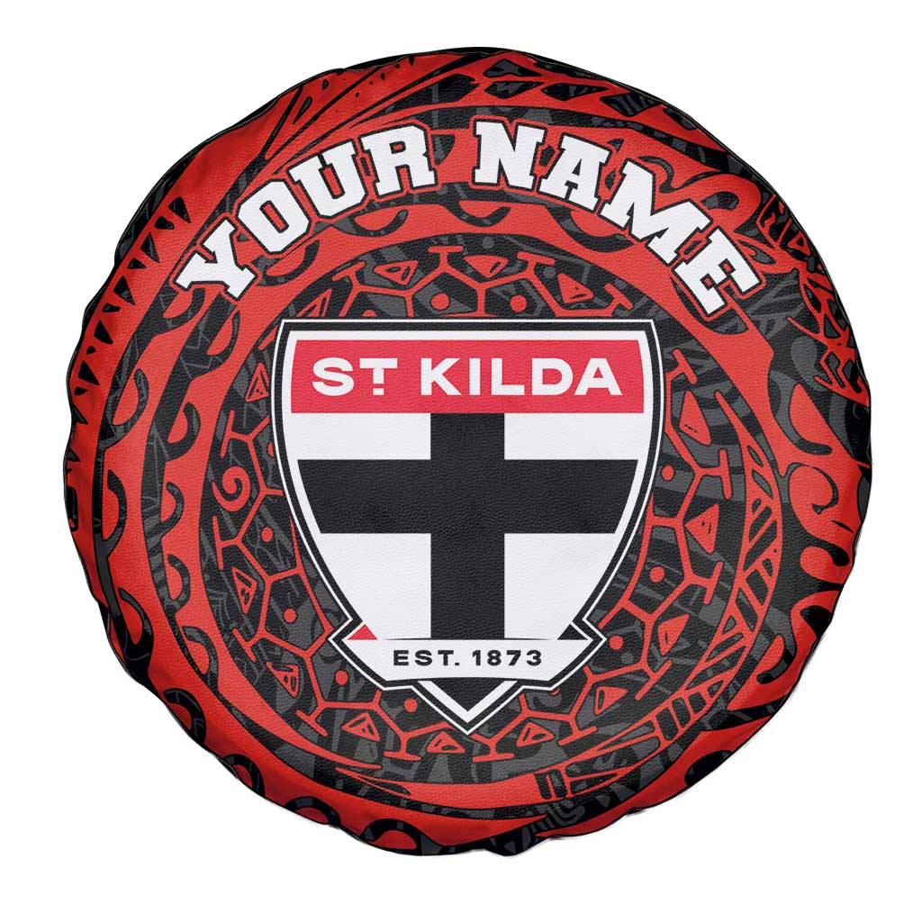 Personalized St Kilda Saints Polynesian Spare Tire Cover Tribal Chest and Sleeve Tattoo Heritage Warrior