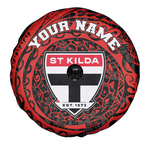 Personalized St Kilda Saints Polynesian Spare Tire Cover Tribal Chest and Sleeve Tattoo Heritage Warrior