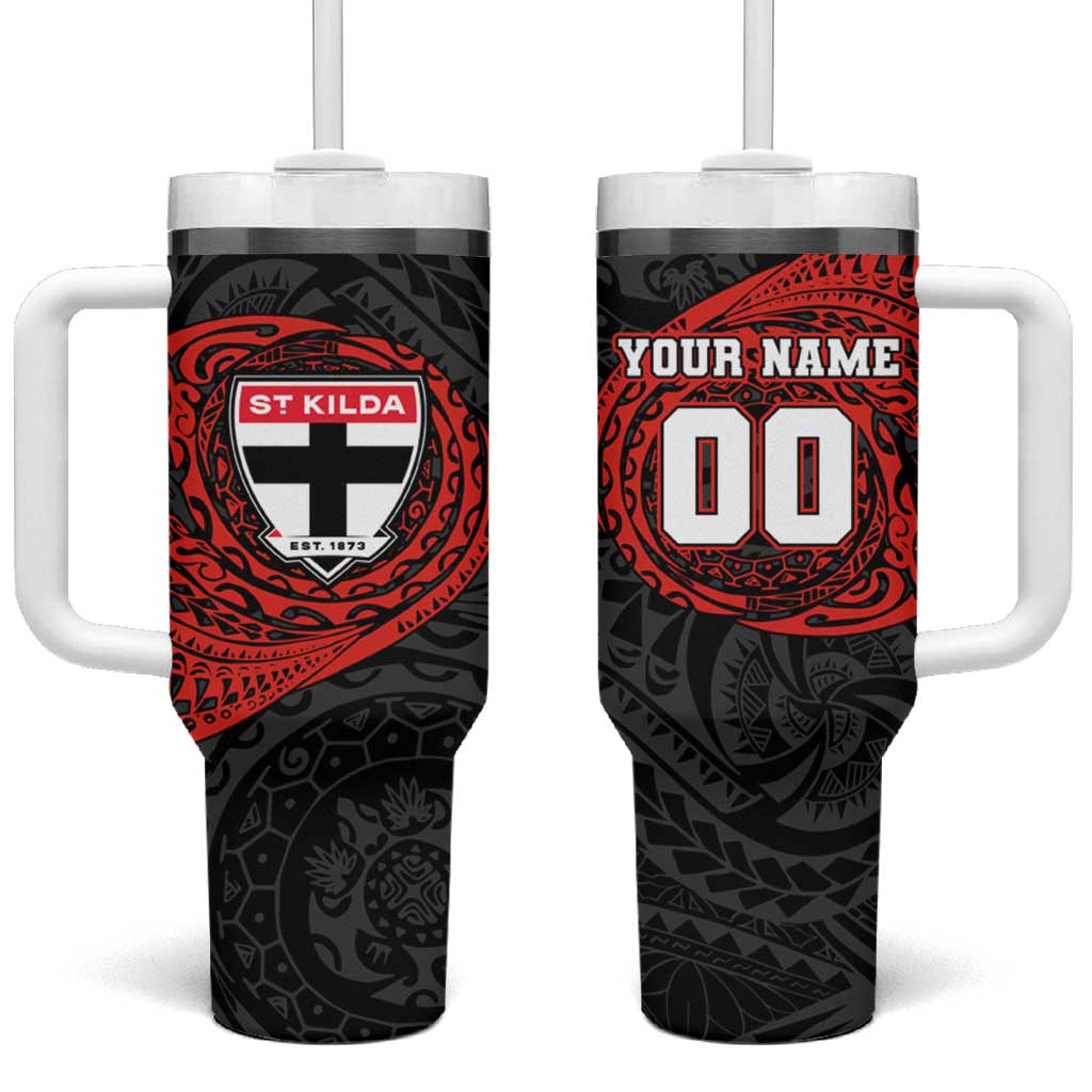 Personalized St Kilda Saints Polynesian Tumbler With Handle Tribal Chest and Sleeve Tattoo Heritage Warrior
