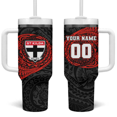 Personalized St Kilda Saints Polynesian Tumbler With Handle Tribal Chest and Sleeve Tattoo Heritage Warrior