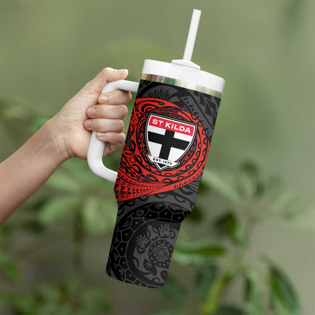 Personalized St Kilda Saints Polynesian Tumbler With Handle Tribal Chest and Sleeve Tattoo Heritage Warrior