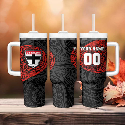 Personalized St Kilda Saints Polynesian Tumbler With Handle Tribal Chest and Sleeve Tattoo Heritage Warrior