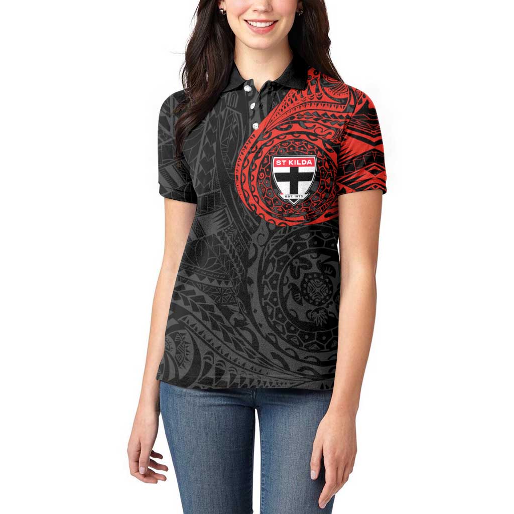 Personalized St Kilda Saints Polynesian Women Polo Shirt Tribal Chest and Sleeve Tattoo Heritage Warrior