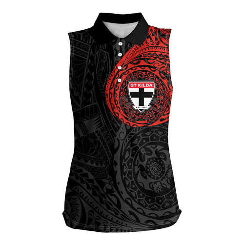 Personalized St Kilda Saints Polynesian Women Sleeveless Polo Shirt Tribal Chest and Sleeve Tattoo Heritage Warrior