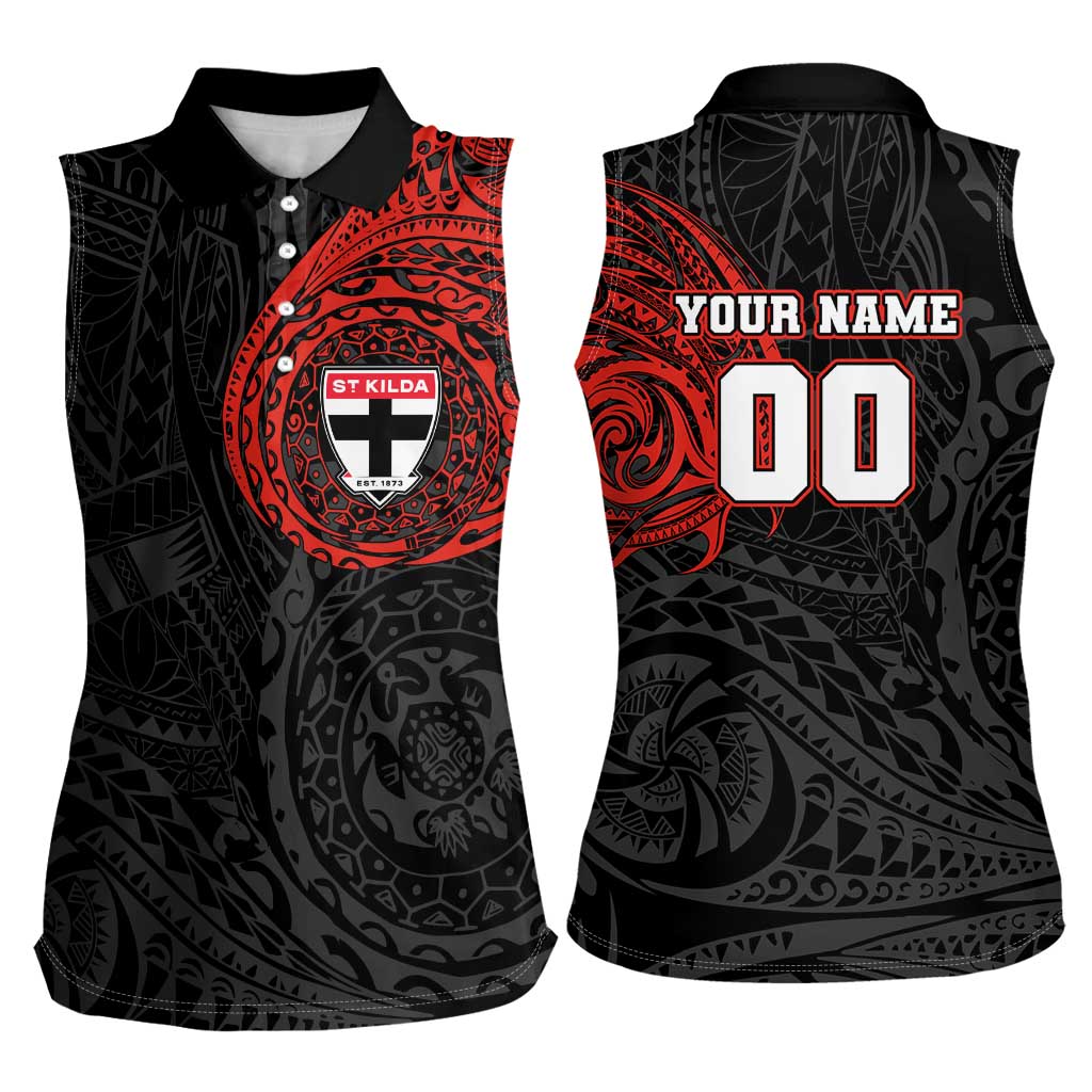 Personalized St Kilda Saints Polynesian Women Sleeveless Polo Shirt Tribal Chest and Sleeve Tattoo Heritage Warrior