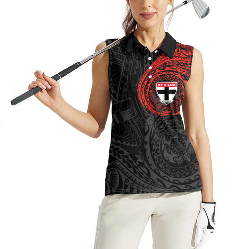 Personalized St Kilda Saints Polynesian Women Sleeveless Polo Shirt Tribal Chest and Sleeve Tattoo Heritage Warrior