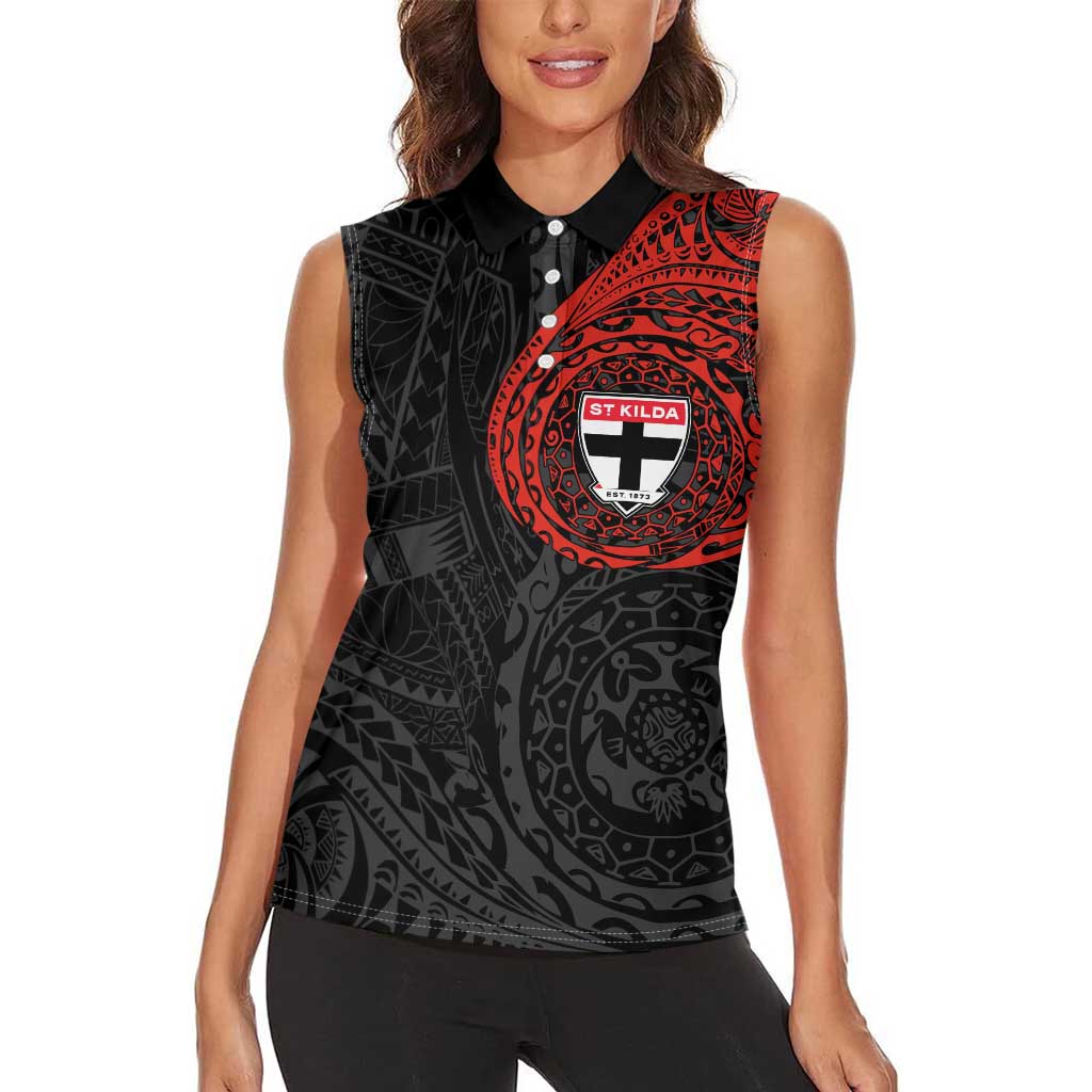 Personalized St Kilda Saints Polynesian Women Sleeveless Polo Shirt Tribal Chest and Sleeve Tattoo Heritage Warrior