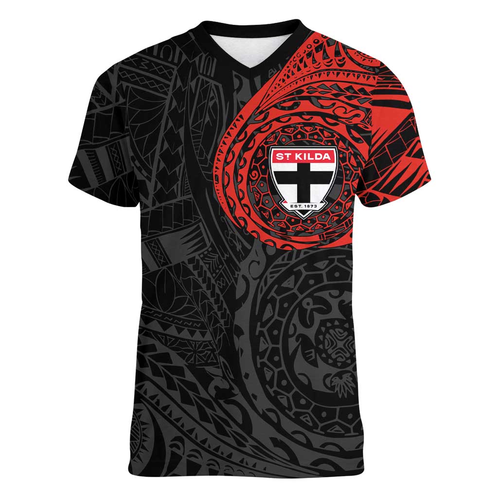 Personalized St Kilda Saints Polynesian Women V-Neck T-Shirt Tribal Chest and Sleeve Tattoo Heritage Warrior