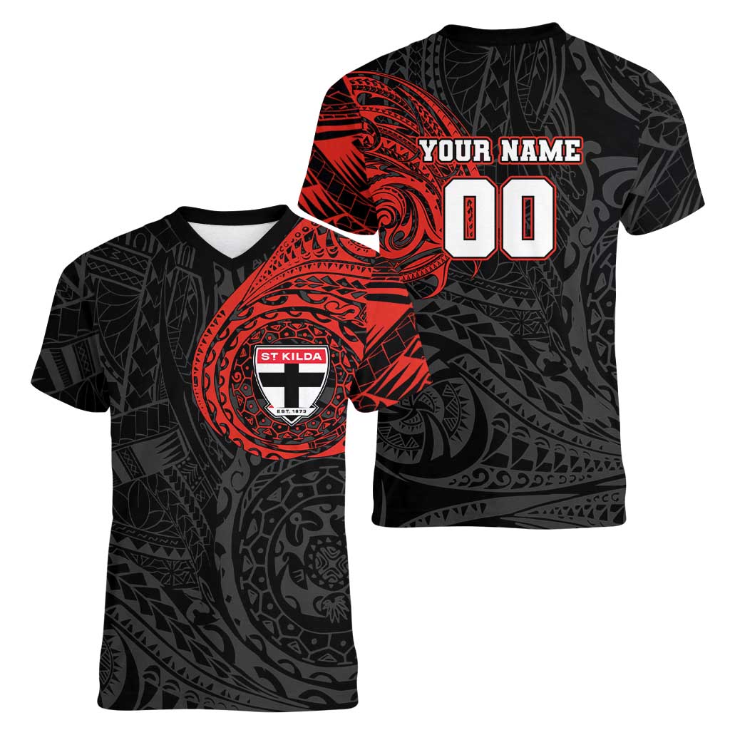 Personalized St Kilda Saints Polynesian Women V-Neck T-Shirt Tribal Chest and Sleeve Tattoo Heritage Warrior