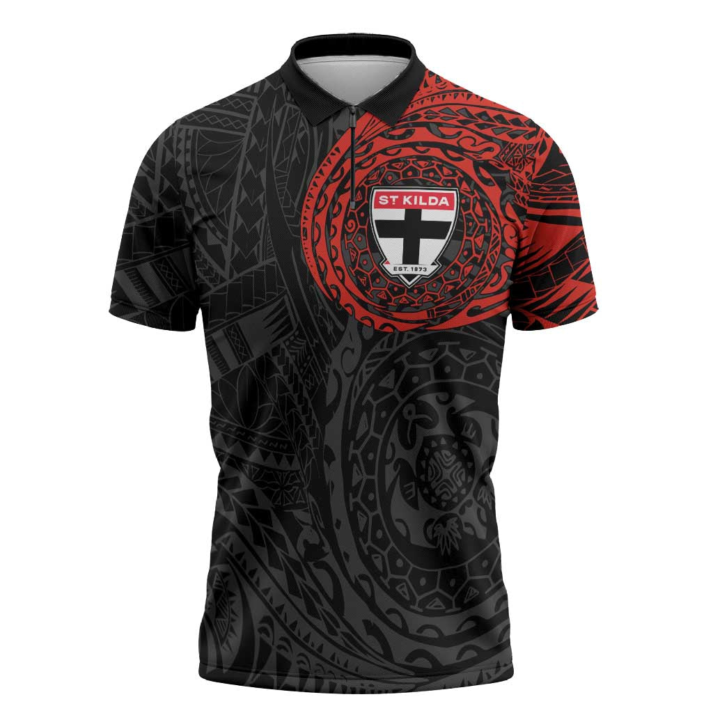 Personalized St Kilda Saints Polynesian Zipper Polo Shirt Tribal Chest and Sleeve Tattoo Heritage Warrior