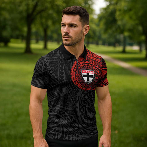 Personalized St Kilda Saints Polynesian Zipper Polo Shirt Tribal Chest and Sleeve Tattoo Heritage Warrior