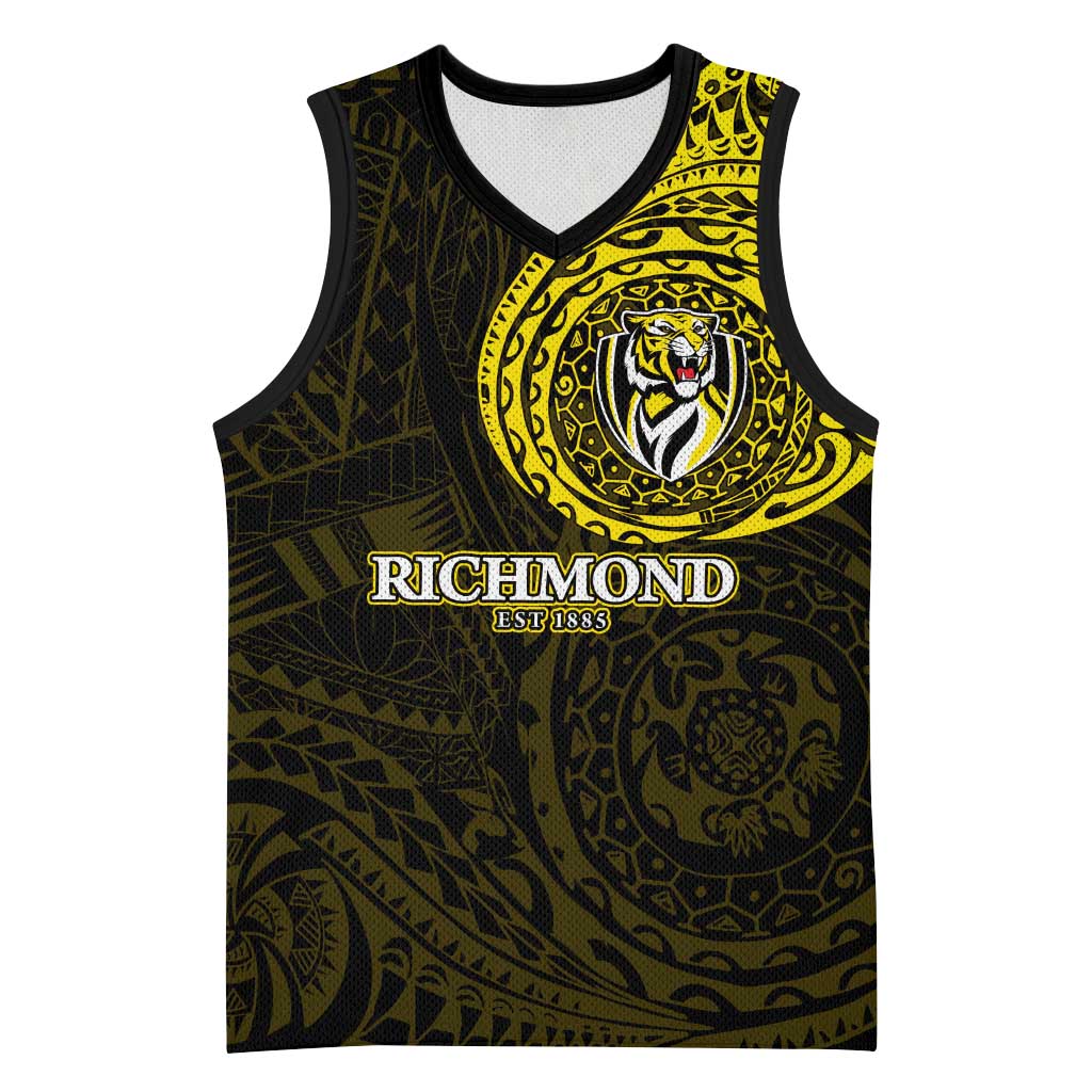 Personalized Richmond Tigers Polynesian Basketball Jersey Tribal Chest and Sleeve Tattoo Heritage Warrior
