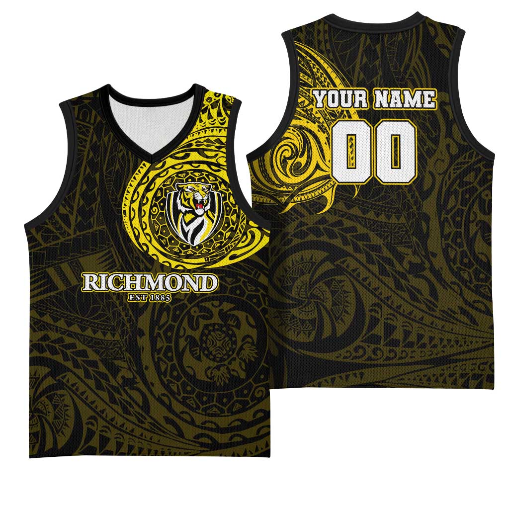 Personalized Richmond Tigers Polynesian Basketball Jersey Tribal Chest and Sleeve Tattoo Heritage Warrior