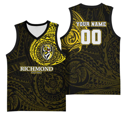 Personalized Richmond Tigers Polynesian Basketball Jersey Tribal Chest and Sleeve Tattoo Heritage Warrior