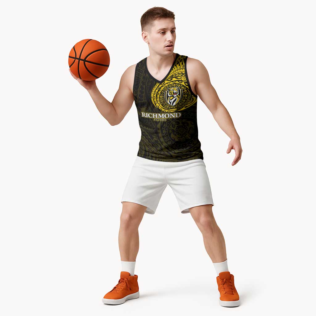 Personalized Richmond Tigers Polynesian Basketball Jersey Tribal Chest and Sleeve Tattoo Heritage Warrior