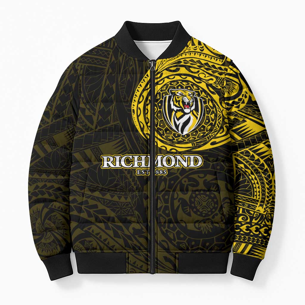 Personalized Richmond Tigers Polynesian Bomber Puffer Jacket Tribal Chest and Sleeve Tattoo Heritage Warrior