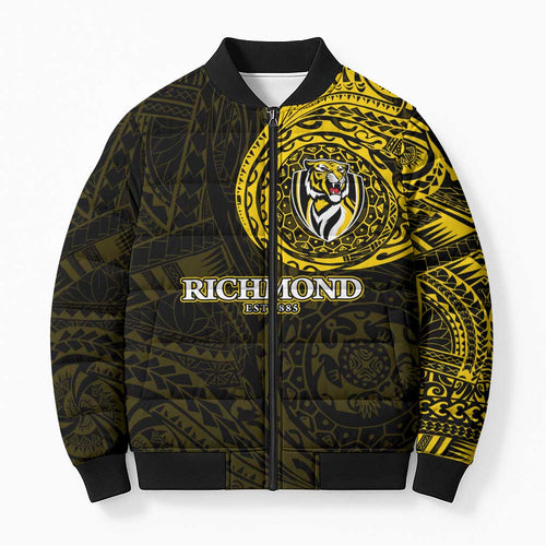 Personalized Richmond Tigers Polynesian Bomber Puffer Jacket Tribal Chest and Sleeve Tattoo Heritage Warrior