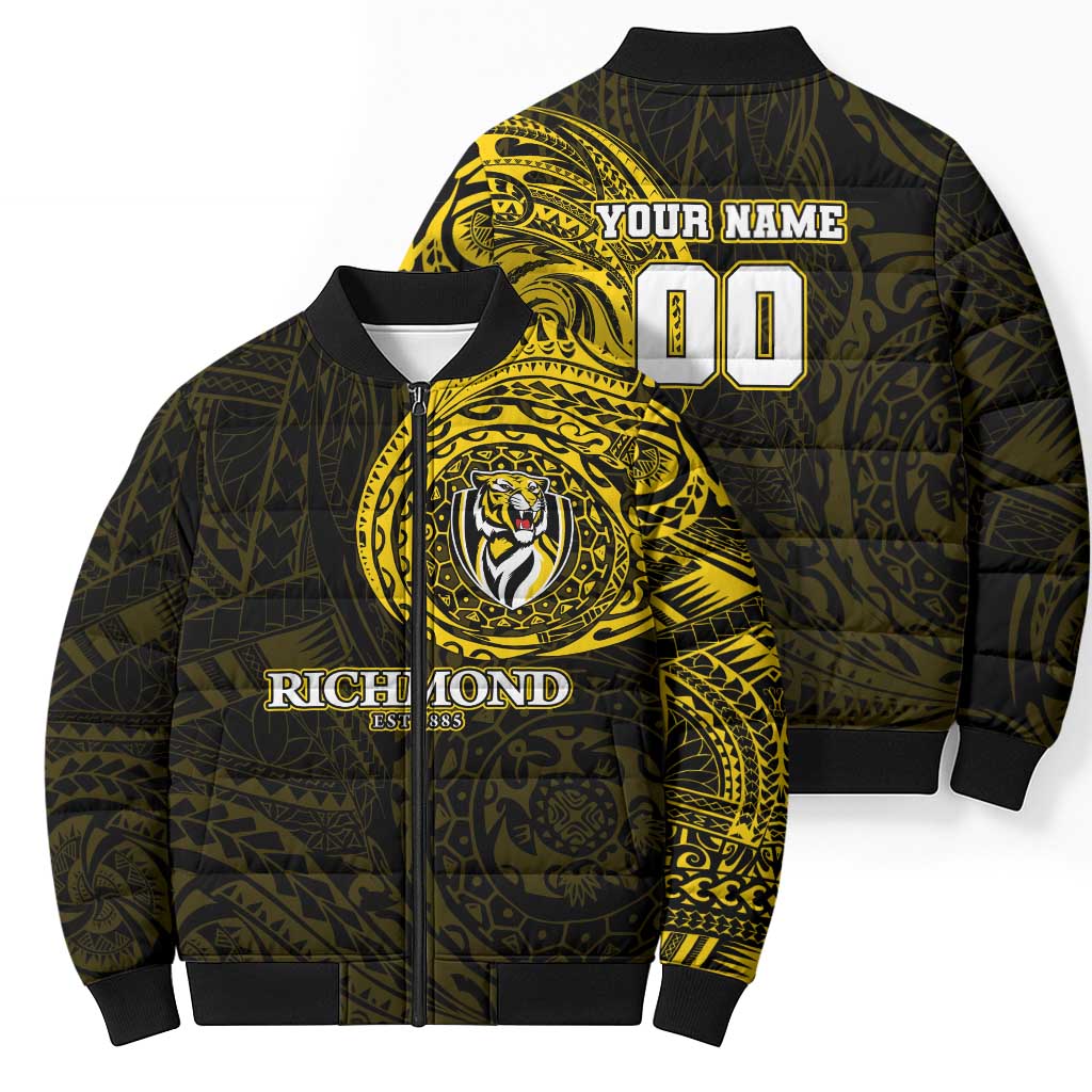 Personalized Richmond Tigers Polynesian Bomber Puffer Jacket Tribal Chest and Sleeve Tattoo Heritage Warrior