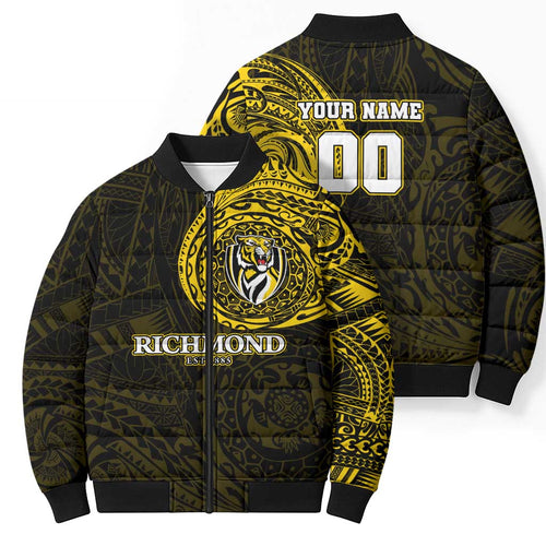 Personalized Richmond Tigers Polynesian Bomber Puffer Jacket Tribal Chest and Sleeve Tattoo Heritage Warrior