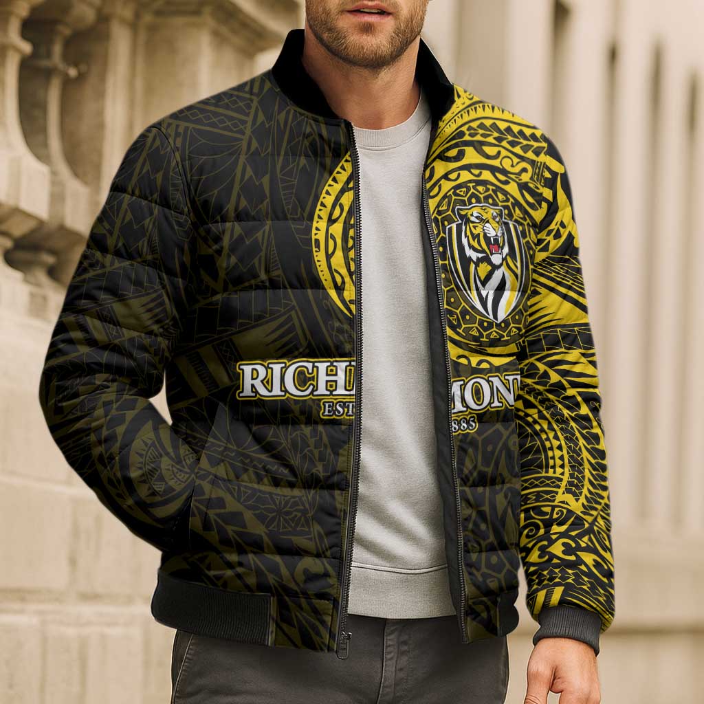 Personalized Richmond Tigers Polynesian Bomber Puffer Jacket Tribal Chest and Sleeve Tattoo Heritage Warrior