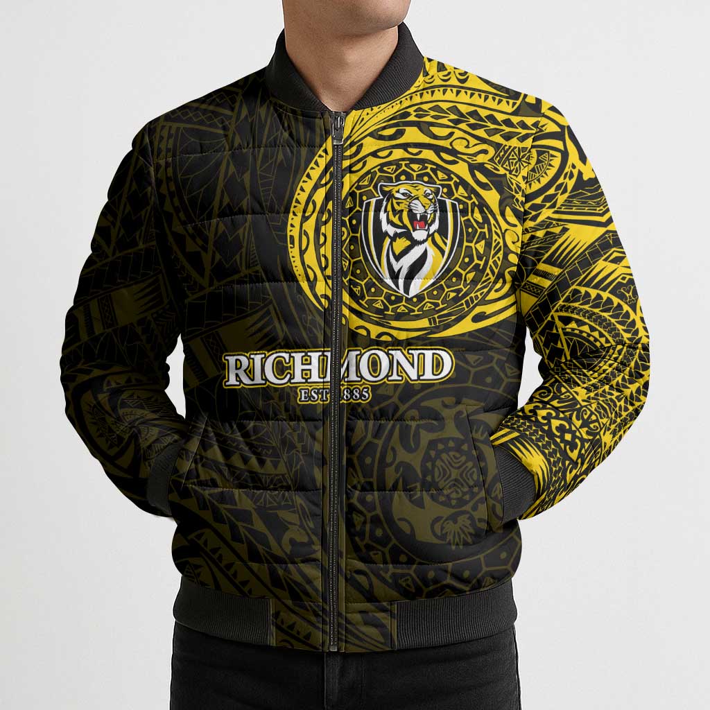 Personalized Richmond Tigers Polynesian Bomber Puffer Jacket Tribal Chest and Sleeve Tattoo Heritage Warrior